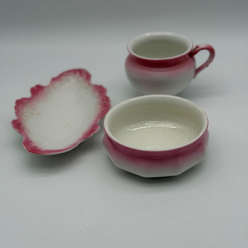 Antique E.P.P. Co Vashti Pink Ombre Ironstone Set Cup Bowl Tray 3pc Victorian